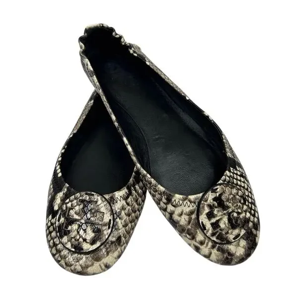 Tory Burch Minnie Travel Ballet Flats, python-embossed leather exterior. Size 9 - Picture 1 of 10